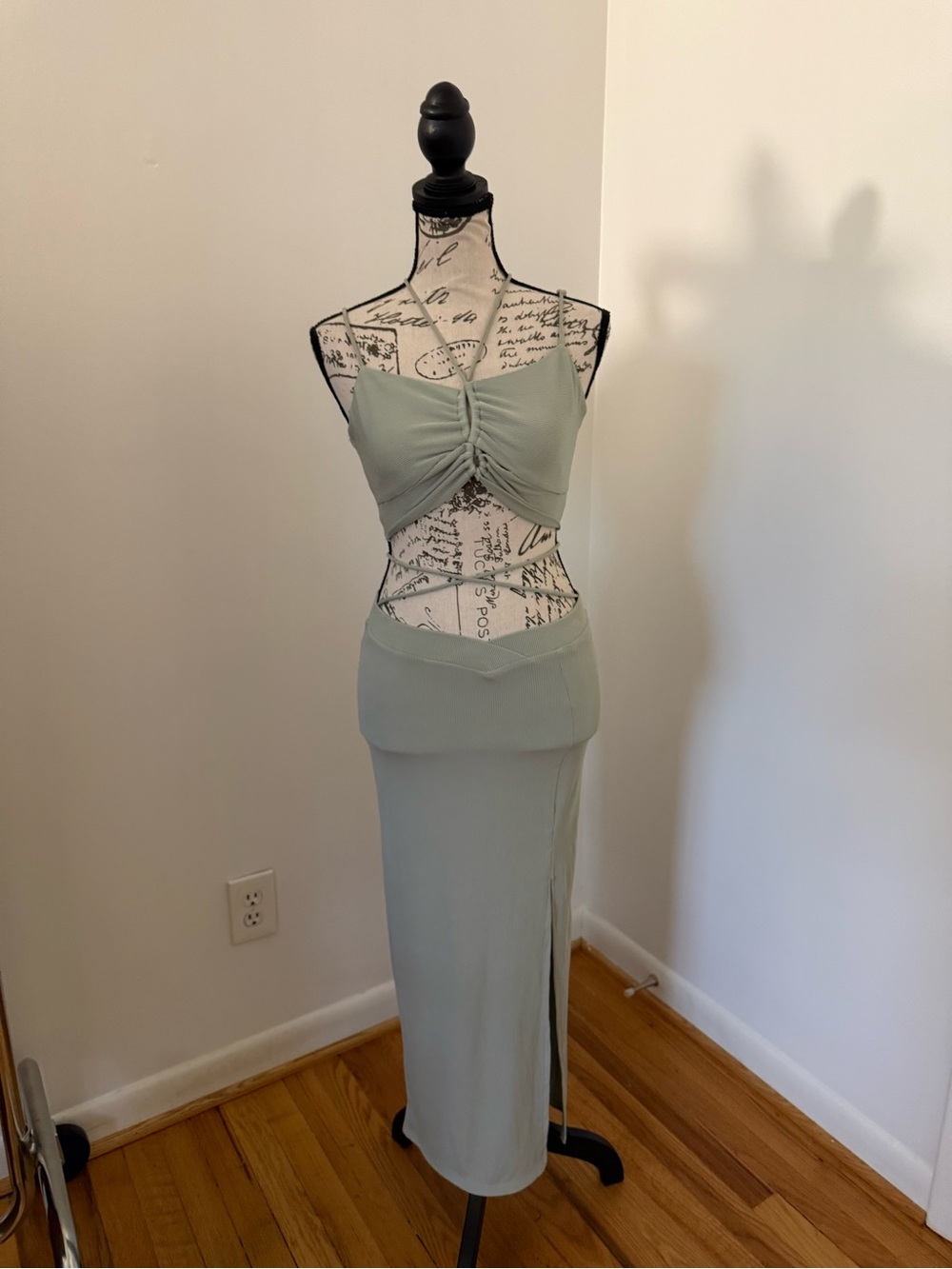 Sage Green Two-Piece Ruched Crop Top & Skirt Set